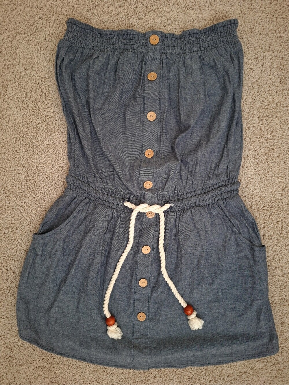 Derek Heart Women's Strapless Blue Cotton Cinched Waist Rope Tie Dress Large